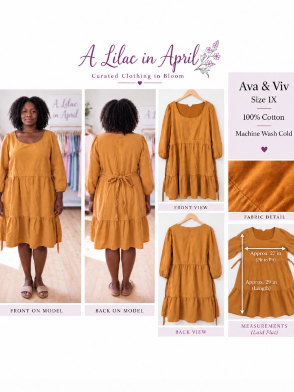 Ava & Viv Size 1X Rust Mustard Orange Brown Tiered Cotton Dress